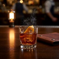 A smoky old fashioned in a heavy crystal tumbler, orange peel twist draped over the rim, resting on a dark wooden bar top with a leather-bound cocktail menu, 