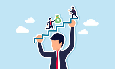 A giant businessman lifts a staircase shaped line while another passes a dollar sack, illustration of a strong holding company help subsidiaries grow with solid financial capital