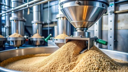 Close-up of grain milling machine , grinding, factory floor