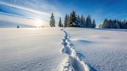 Obraz premium A lone snowshoe track fades into the distance through the pristine white slush, leaving behind a trail of untouched snow and subtle hints of lacing , tracks, winter