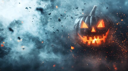 Naklejka premium Spooky Halloween Pumpkin Jack o lantern in Smoke and Embers