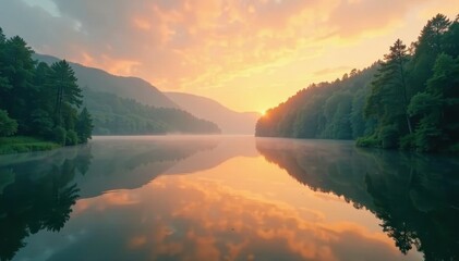 Emerald green forest envelops a still, foggy lake at sunrise, peace, scenery