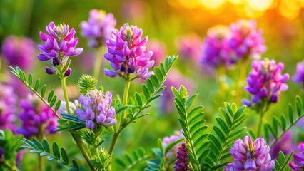 Fototapeta premium Colorful Mongolian milkvetch plant with vibrant purple flowers and lush green leaves against a natural background, flowers