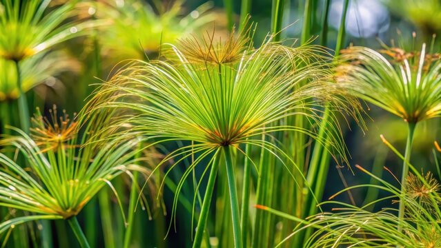Close-up image of Egyptian papyrus sedge plant (Cyperus papyrus) on a sunny day, showcasing its distinctive long, flat leaves and fibrous texture , sunny day, nature