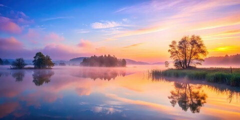 Obraz premium Soothing Misty Landscape at Dawn, dreamy scene, gentle colors