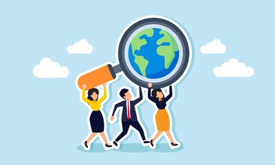 Businesspeople work together lifting a magnifying glass with a globe label, illustration of teamwork and collaboration in business market potential analysis and evaluation