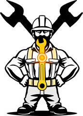 A striking vector-style illustration of a strong mechanic or construction worker standing confidently with crossed wrenches behind him. The glowing wrench symbol on his chest adds a dynamic and power