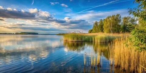 Fototapeta premium Serene lake shore at Ruhiges Seeufer am Scharm?tzelsee in Brandenburg with tall reeds and a covered sky, tall grass