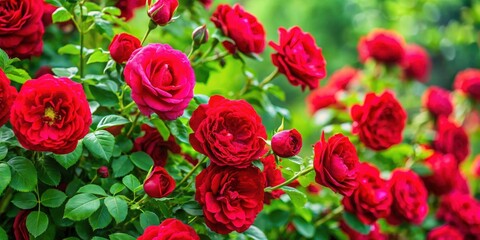 Obraz premium Dense Red Rose Bush with Vibrant Blooms and Lush Green Leaves Growing in a Garden, horticulture, botanical