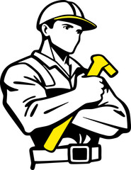 A vector-style illustration of a confident construction worker or carpenter holding a hammer, wearing a safety helmet and work uniform. 
