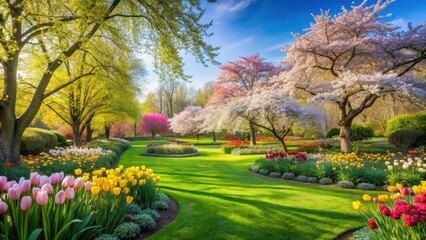 serene spring landscape with blooming flowers and lush green trees surrounded by peaceful atmosphere, garden view, flowering plants