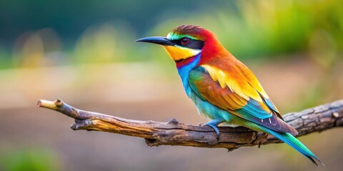 Obraz premium Vibrant multicolored bird perched on a tree branch with blurred background, showcasing its unique plumage against a soft focus landscape , multicolored bird, colorful bird