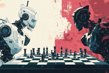 Robots playing chess illustrate a futuristic strategic competition