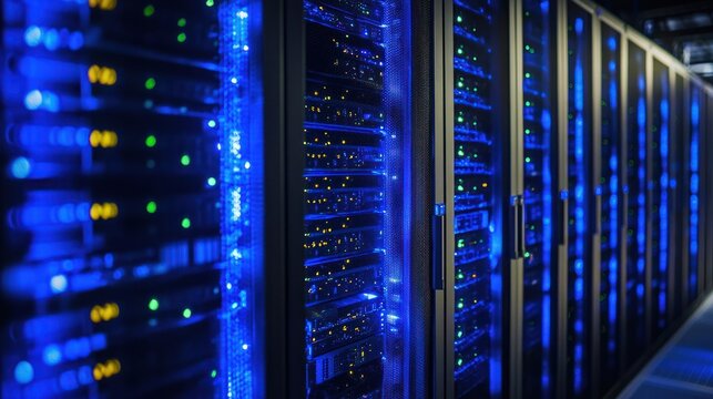 Illuminated Data Center: Servers glowing under blue lights