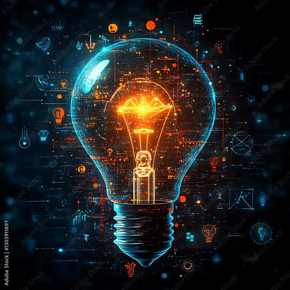 Poster illuminated digital lightbulb innovation and data visualization