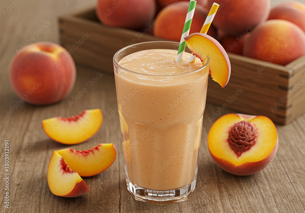 Poster peach smoothie with fresh peaches. peach smoothie in a glass with a straw and peach slices. peach sm