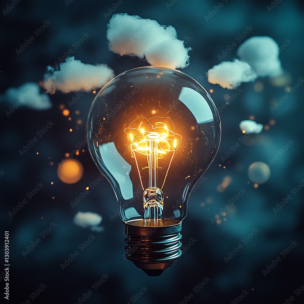 Poster illuminated lightbulb amongst floating clouds