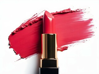 Luxurious red lipstick, gold and black casing, bold red smear, creamy texture, white background, elegant beauty product