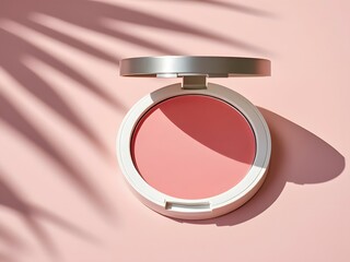 Round blush compact with lid open, soft pink blush inside isolated on light pink background with palm leaf shadows. Cosmetics, beauty and makeup concept