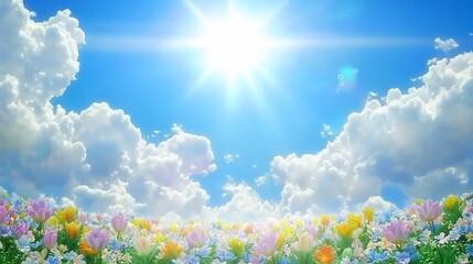 Obraz premium Sunny spring field flowers, blue sky, clouds, idyllic scene, nature background