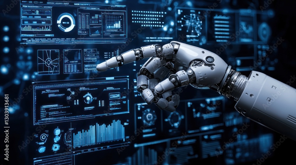Poster robotic hand interacting with futuristic digital interface