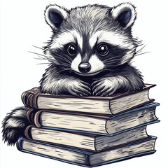 A raccoon on a pile of books illustration