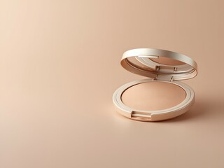 Round compact powder case, half-open, showing mirror and pressed powder isolated on nude background with copy space for text. Cosmetics, beauty and makeup concept