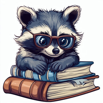 recommend clip art: Cute raccoon wearing glasses laying on a stack of books illustration