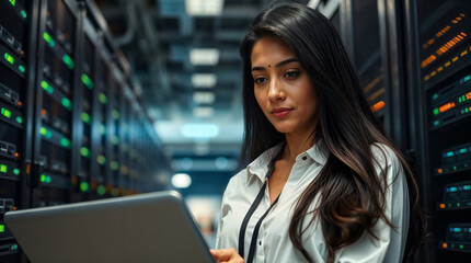 Indian Female IT Specialist Managing Server Racks in a High Tech Data Center Ensuring Network Security and Maintenance