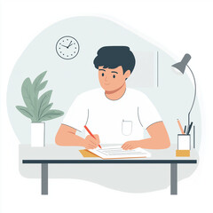 モダンな学習環境、観葉植物と本に囲まれたデスクで勉強する男性のイラスト