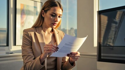 Professional woman reading documents in sunlight at modern office setting.