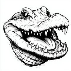 Naklejka premium Ferocious Cartoon Crocodile Sketch: Black and White Art Illustration with Iconic Artistic Rendering