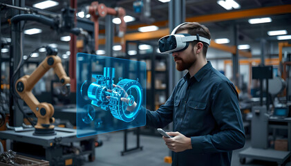 An engineer wearing an AR headset interacts with a holographic engine model in a high-tech factory, showcasing innovative manufacturing and advanced digital visualization