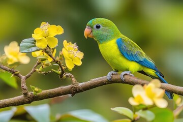 Lush green bird perched gracefully on a branch surrounded by lush foliage in a natural habitat