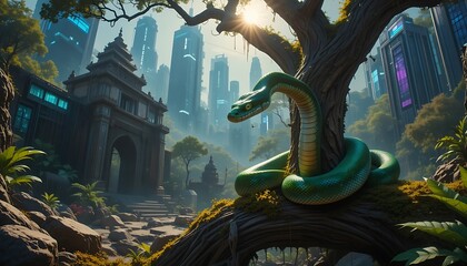 Naklejka premium Green Snake Coiled on Tree in Futuristic City Nature Blend