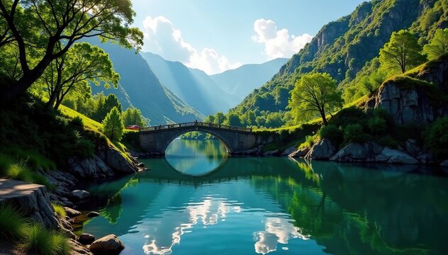 Valle con lago y puente de madera sobre el agua, puentes, valles, arbolado