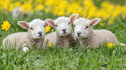 Fototapeta premium Three Adorable Lambs in a Yellow Flower Meadow