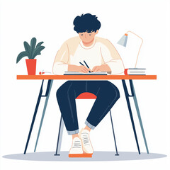 Fototapeta premium 快適なワークスペース、集中して学ぶ若者の勉強シーンを描いた教育イラスト