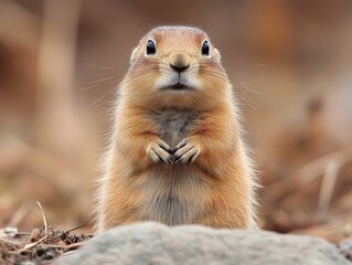 Fototapeta premium A groundhog standing on its hind legs observing its surroundings in a green field on a sunny day