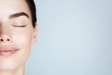 close-up of serene face with closed eyes gentle smile and soft natural lighting suggesting relaxation and mindfulness