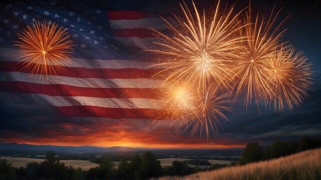 Flag of America with Fireworks Display at Sunset Over Scenic Landscape, Festive celebration of Fourth of July background
