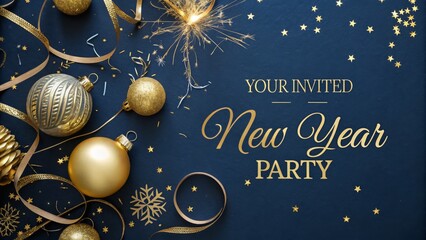 A festive New Year party invitation featuring gold ornaments, sparkling effects, and elegant typography on a dark blue background.