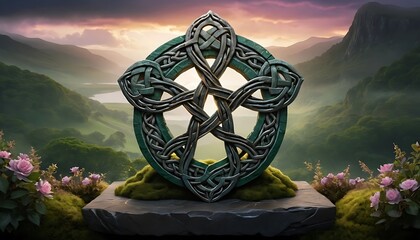 Celtic Knot on Stone Overlooking Mountain Valley with Flowers at Sunset