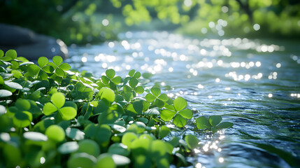A sparkling river surrounded by vibrant green foliage and clover accents