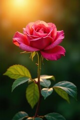 Fototapeta premium single rose bloom with golden light filtering through leaves, sunlit, rose