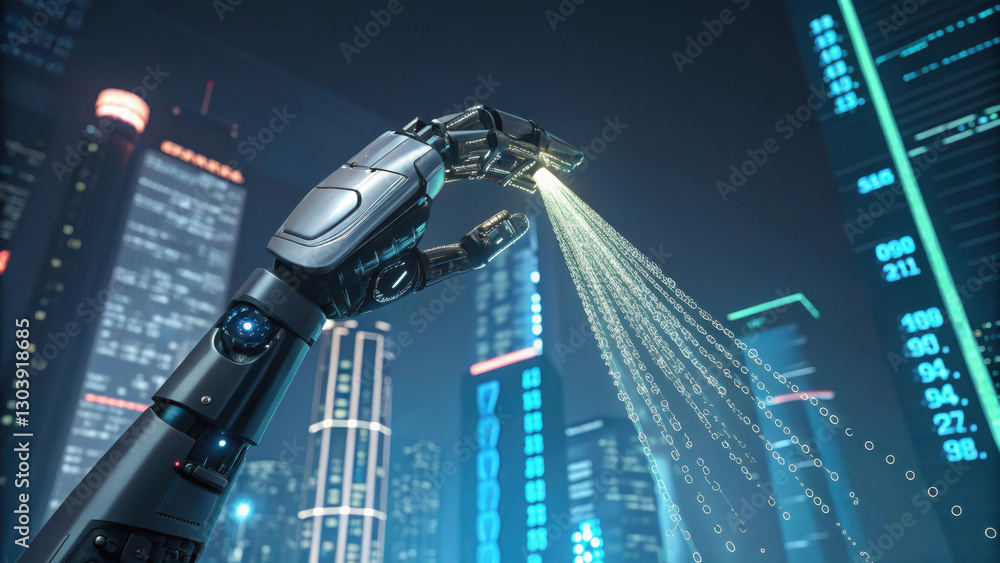 Poster robotic hand releases binary code strands against futuristic cityscape, symbolizing advanced ai tech