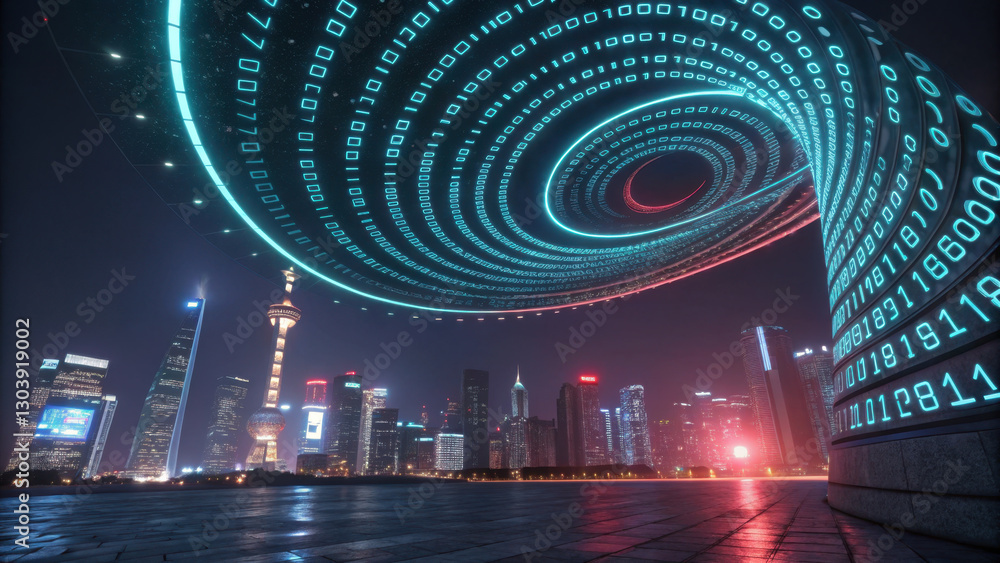 Poster glowing spiral of binary data illuminates futuristic cityscape at night, showcasing blend of technol