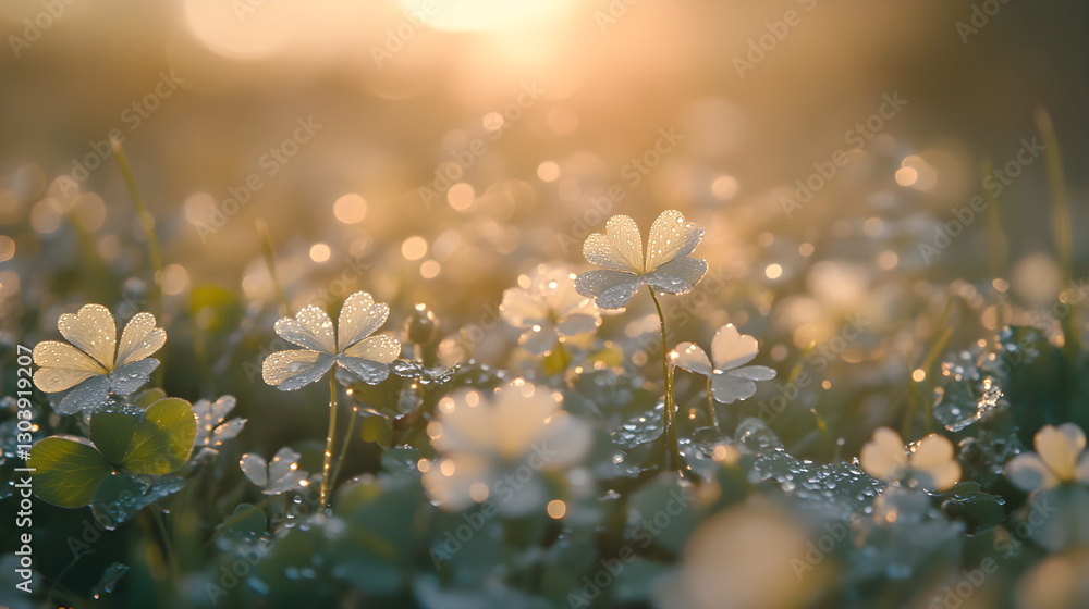 Poster close-up of dew-covered clovers with soft sunlight filtering through