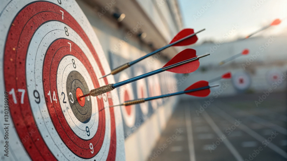 Poster arrows striking target with precision, showcasing accuracy and focus in archery. image captures dyna