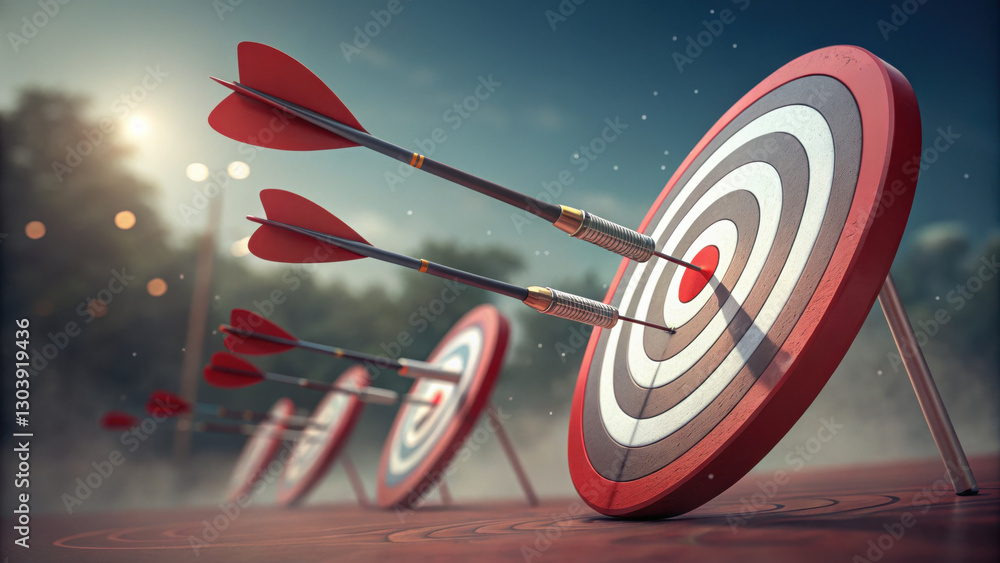 Poster dynamic arrows striking large target in row, symbolizing precision and focus. scene captures essence